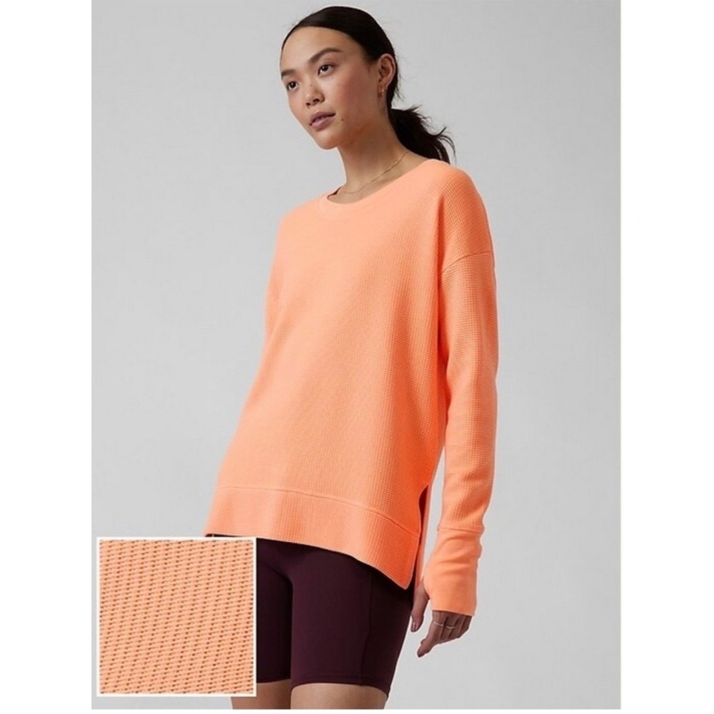 Athleta Waffle Knit Top Womens S/T Orange Long Sleeve Thumbhole Pullover